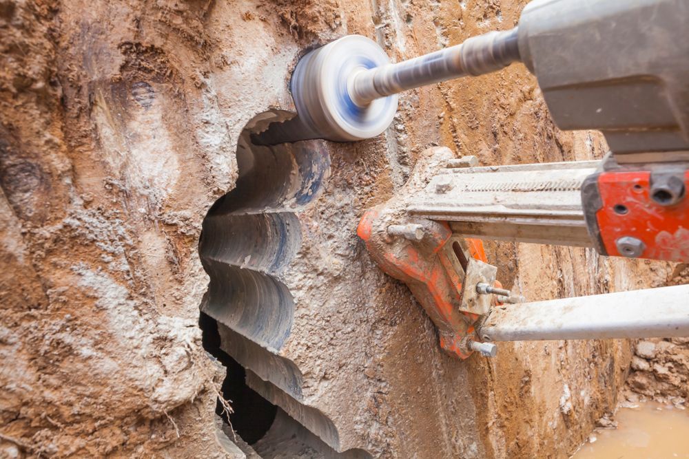 Drilling a Large Hole in A Concrete Wall with A Drill Bit — Ultra Services Ground Pavement & Building in Abercrombie, NSW