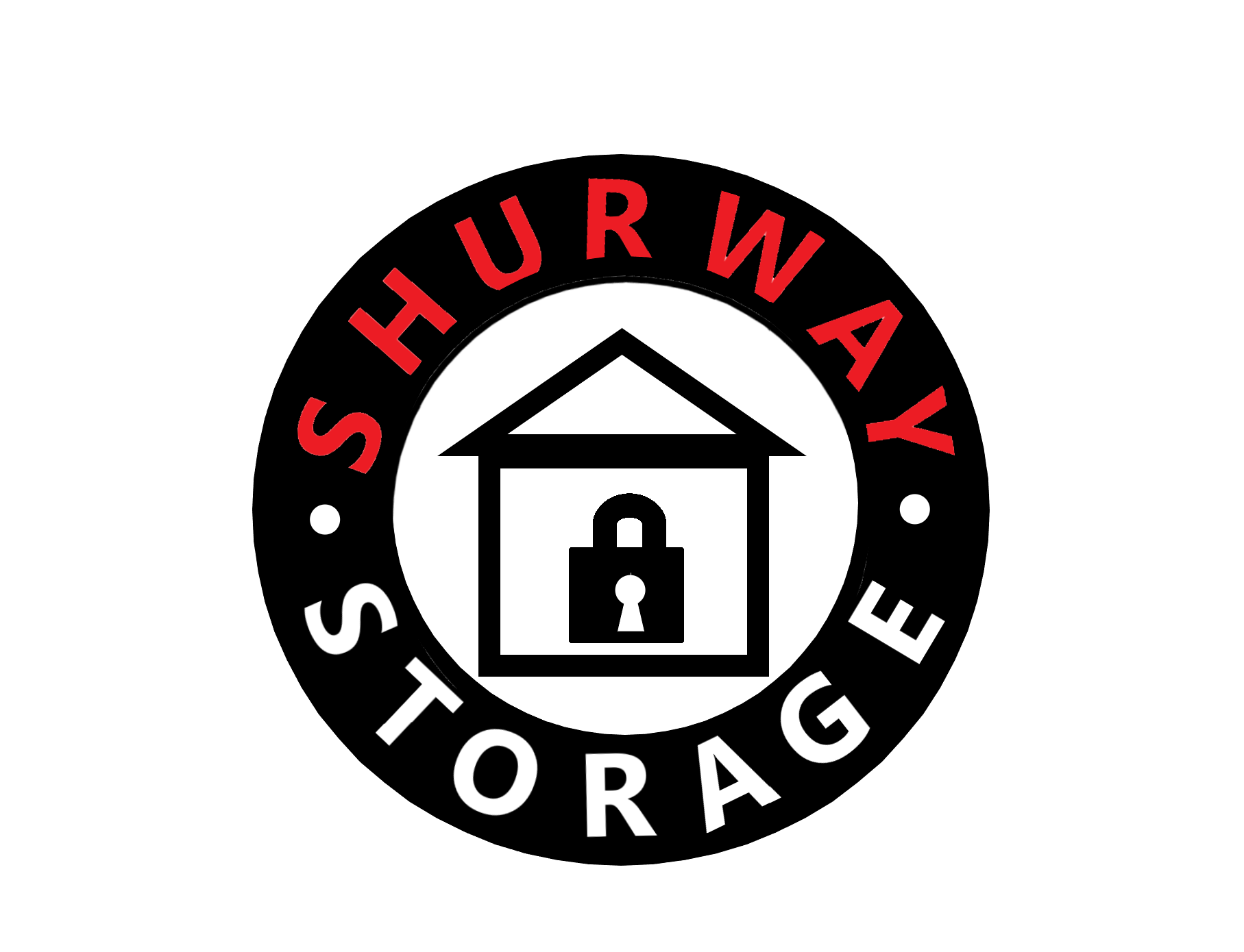 A logo for shurway storage with a house and a padlock in a circle.