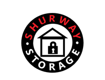 A logo for shurway storage with a house and a padlock in a circle.
