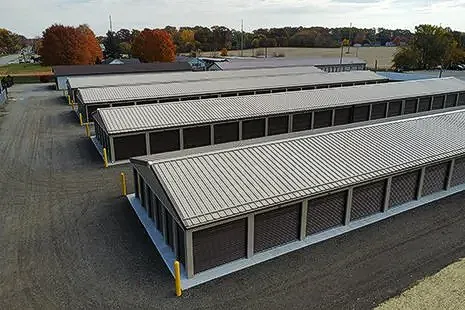 An aerial view of a row of storage units.