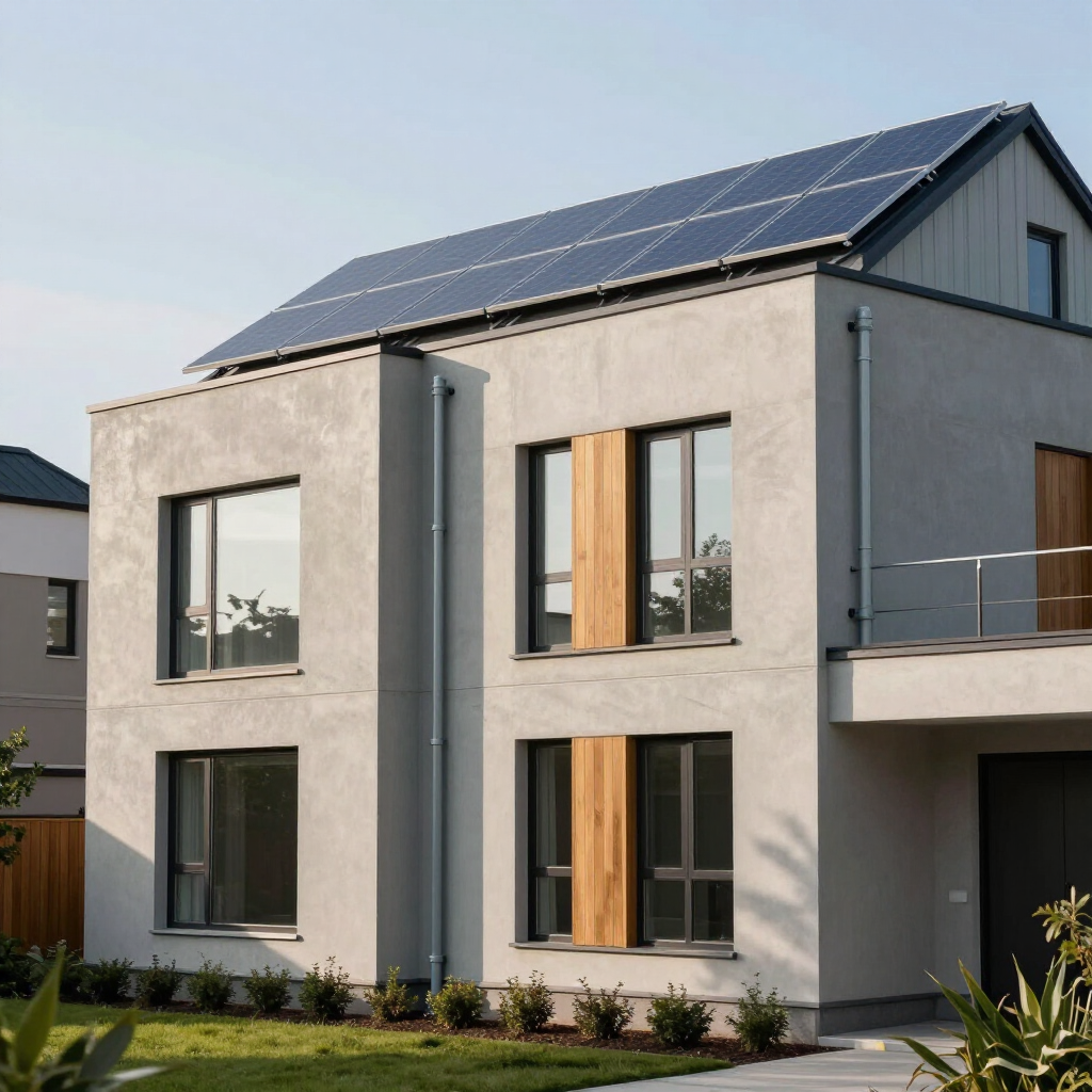 Moderne woning met twee verdiepingen, zonnepanelen op het dak en grote ramen.