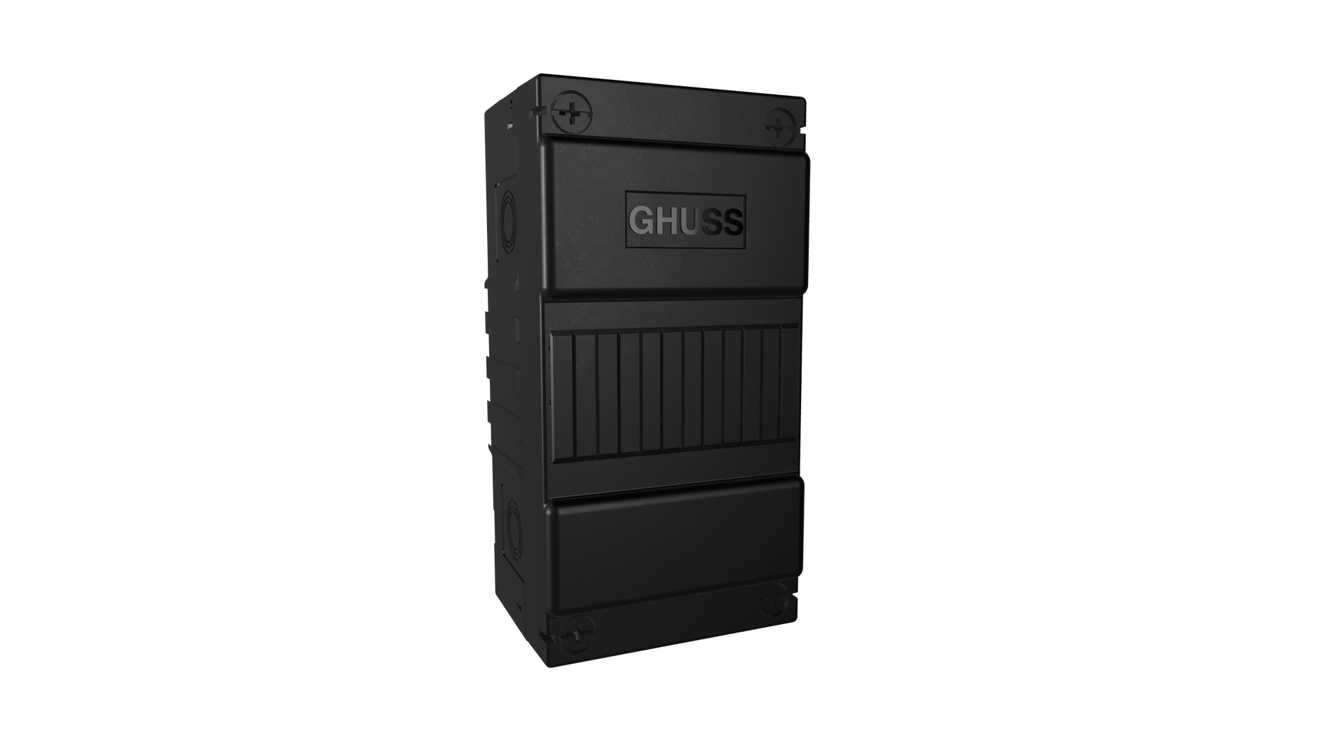 Zwarte verticale elektronica-kast of serverrack op een witte achtergrond
