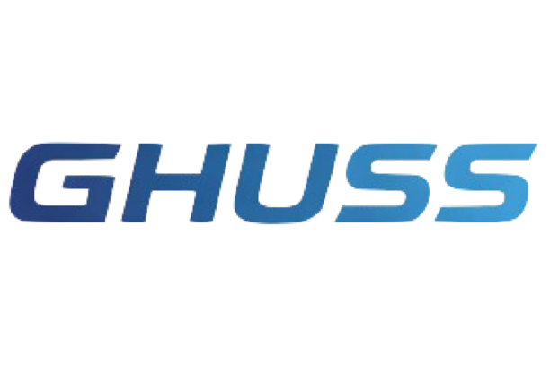 Blauw GHUSS-logo op een witte achtergrond