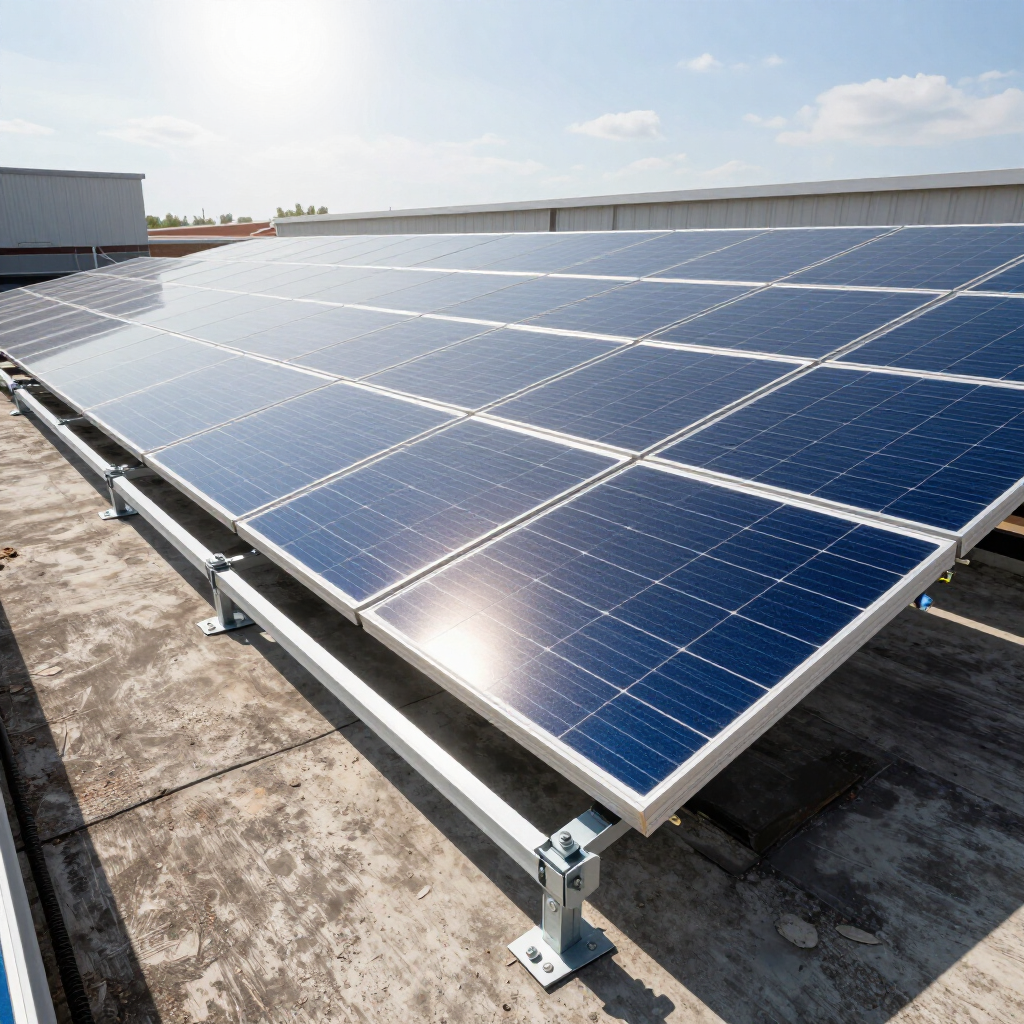 Zonnepanelen gemonteerd op een dak onder een heldere hemel.