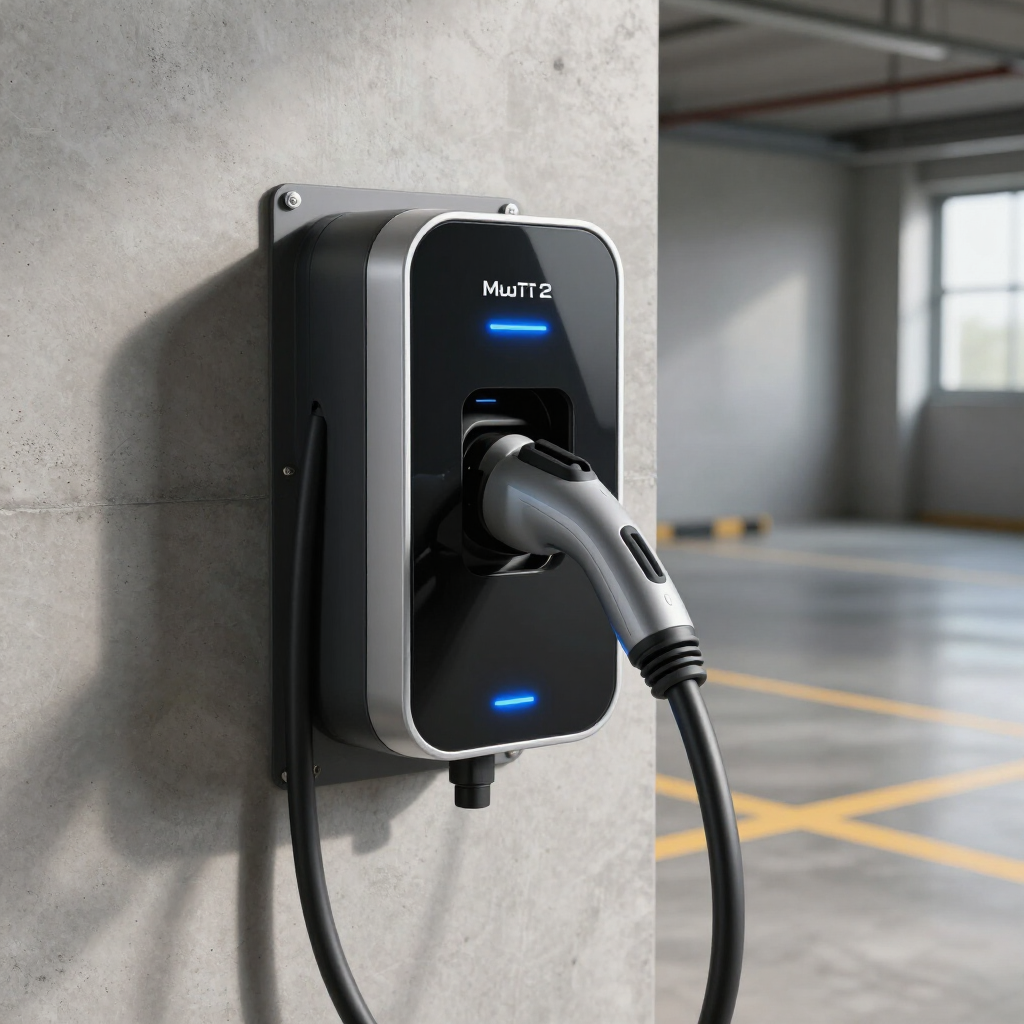 Aan de muur gemonteerd laadstation voor elektrische voertuigen met een aangesloten kabel in een parkeergarage.