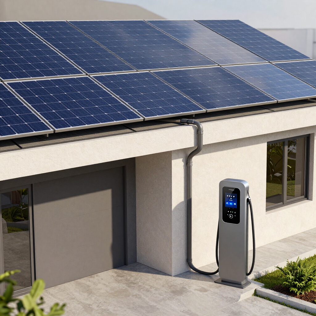 Oplader voor elektrische voertuigen op zonne-energie naast een modern huis met zonnepanelen op het dak.