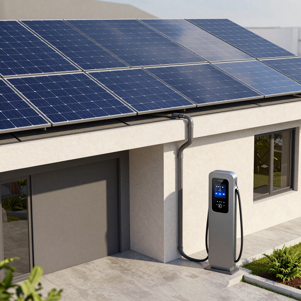 Oplader voor elektrische voertuigen op zonne-energie naast een modern huis met zonnepanelen op het dak.