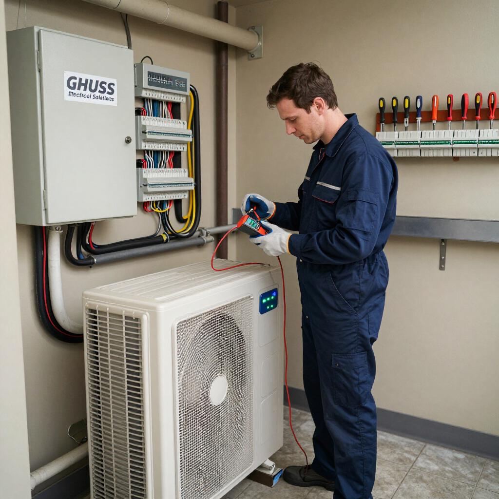 Een technicus inspecteert een buitenunit van de airconditioning naast een elektrisch paneel in een technische ruimte.