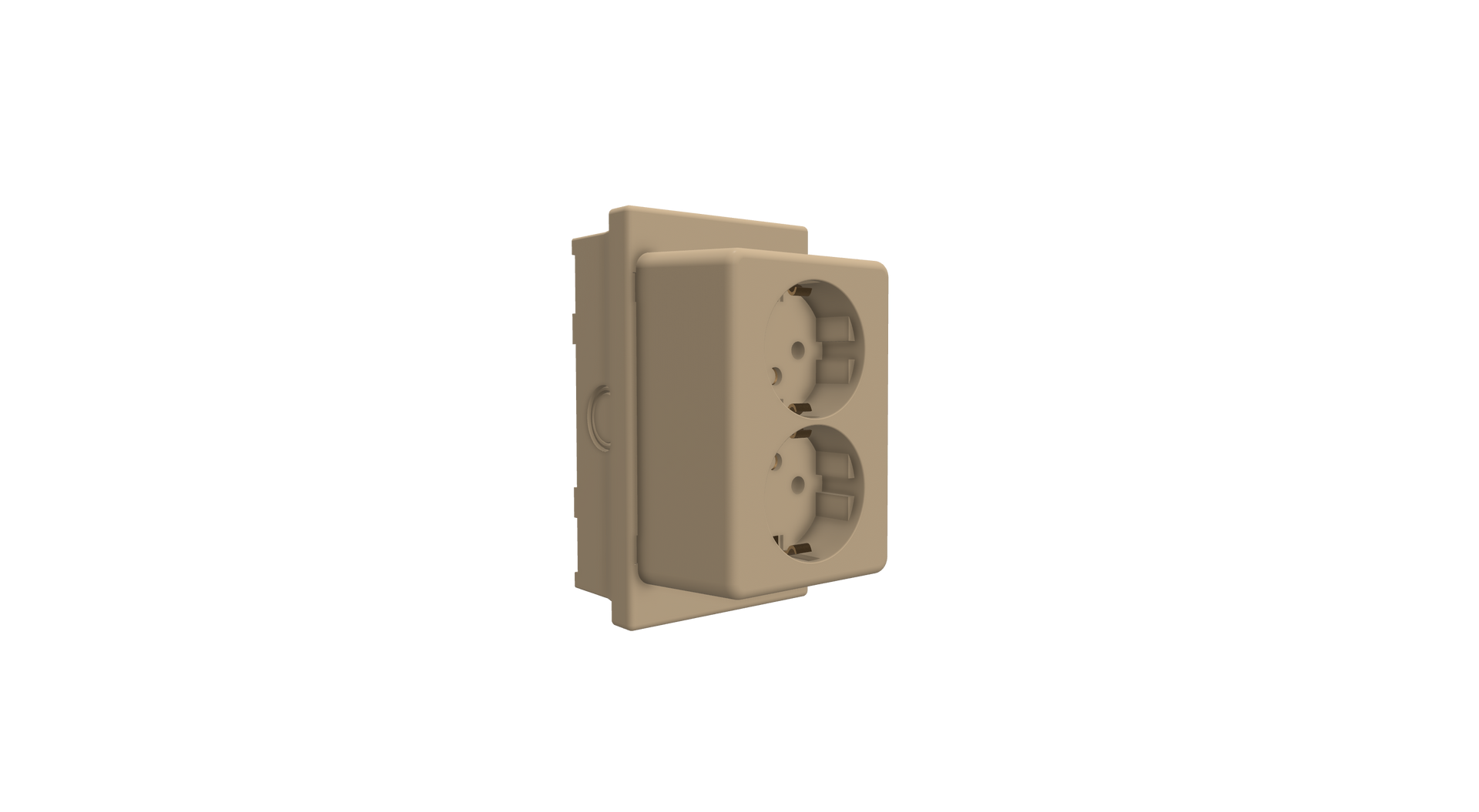 Beige wandcontactdoos met twee aansluitingen op een witte achtergrond