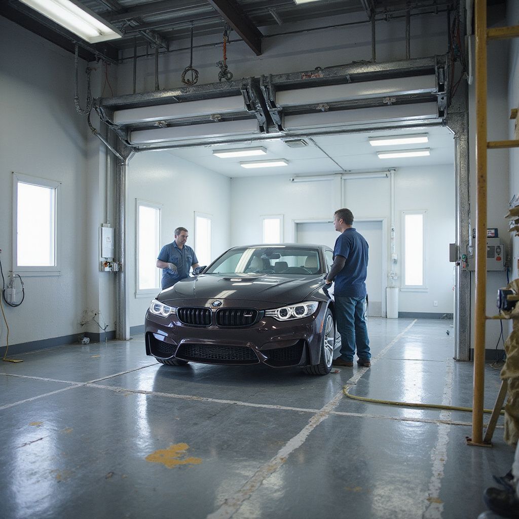 Two mechanics examine a dark car in a garage with open doors and overhead lights.