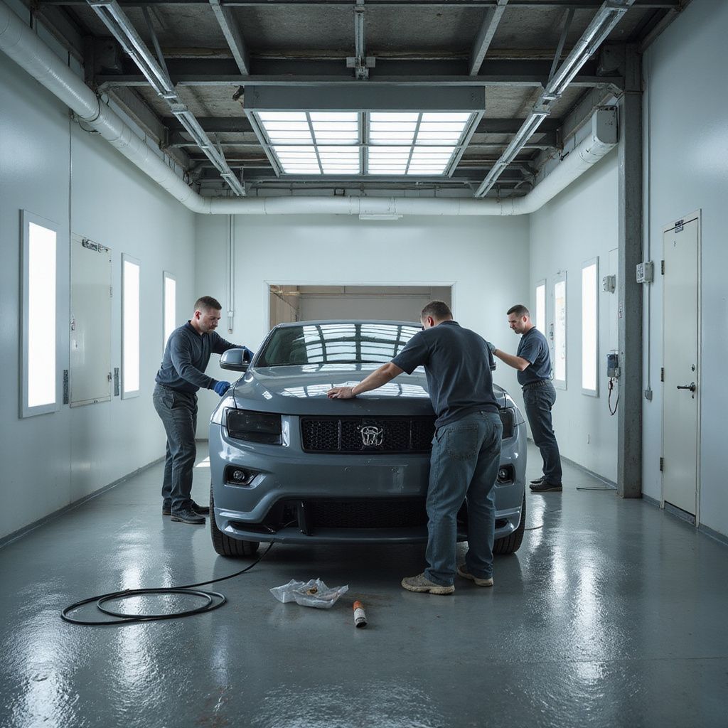 Three men inspecting a gray car in a paint booth with bright lights.