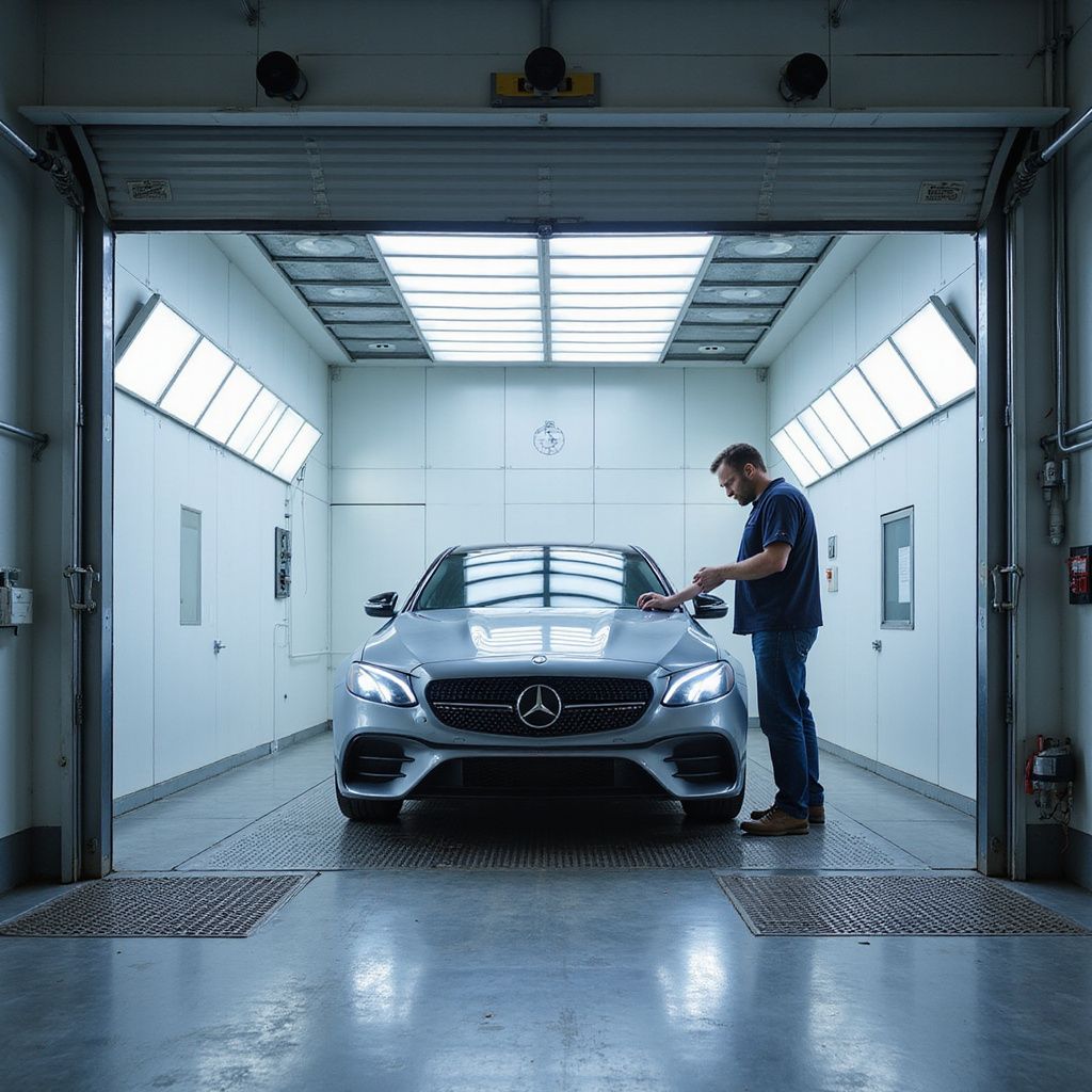 Man inspecting a silver Mercedes in a brightly lit automotive workshop.