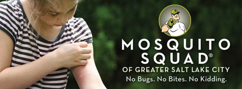 a girl is scratching her arm with a mosquito squad of greater salt lake city logo in the background .