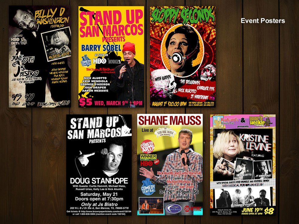 a collection of event posters including one for shane mauss