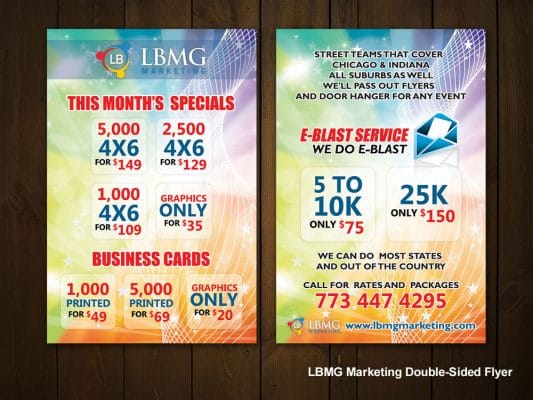 a flyer for lbmg marketing double sided flyer