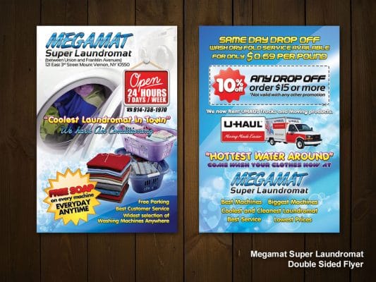 a double sided flyer for megamat super laundromat