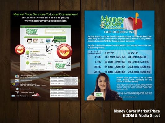 a flyer for money saver market place shows a woman holding a card