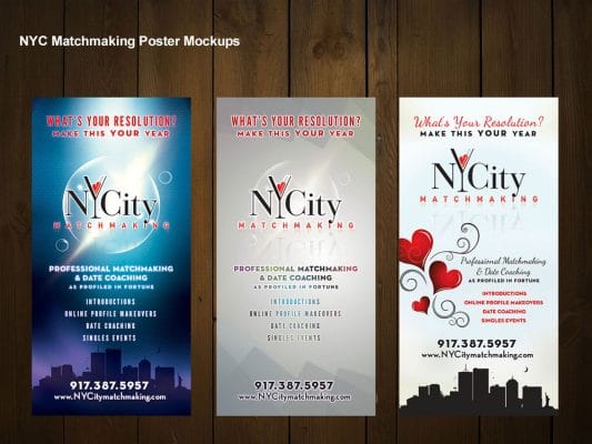 three nyc matchmaking poster mockups on a wooden table