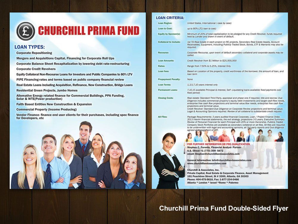 the front and back of a churchill prima fund double sided flyer .