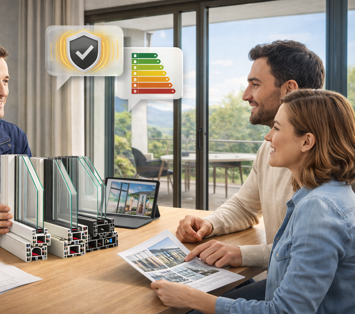 Un venditore mostra le nuove opzioni di finestre a una coppia sorridente, con icone di efficienza energetica e sicurezza in alto.