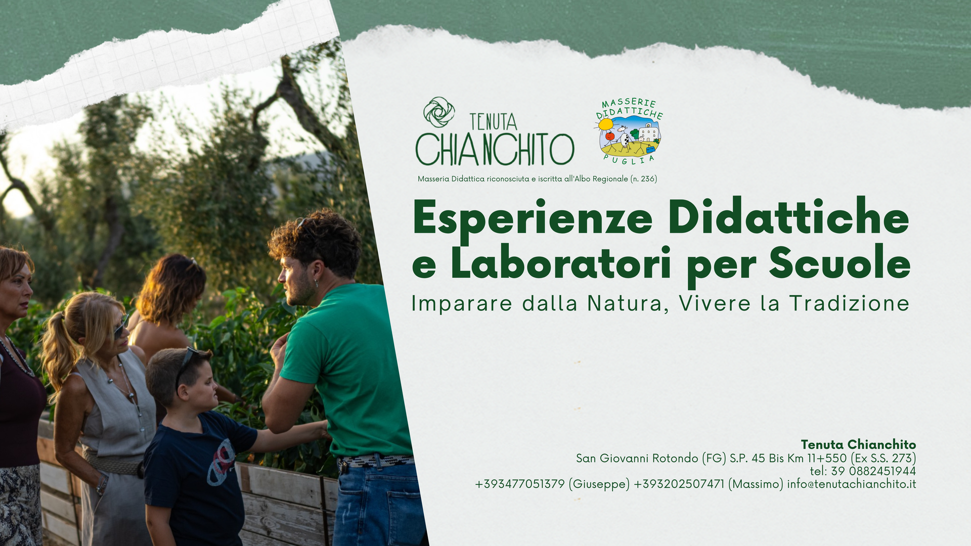 Annuncio pubblicitario per un laboratorio scolastico all'aperto con adulti e bambini accanto a un treno, titolo in verde e ambientazione boschiva.