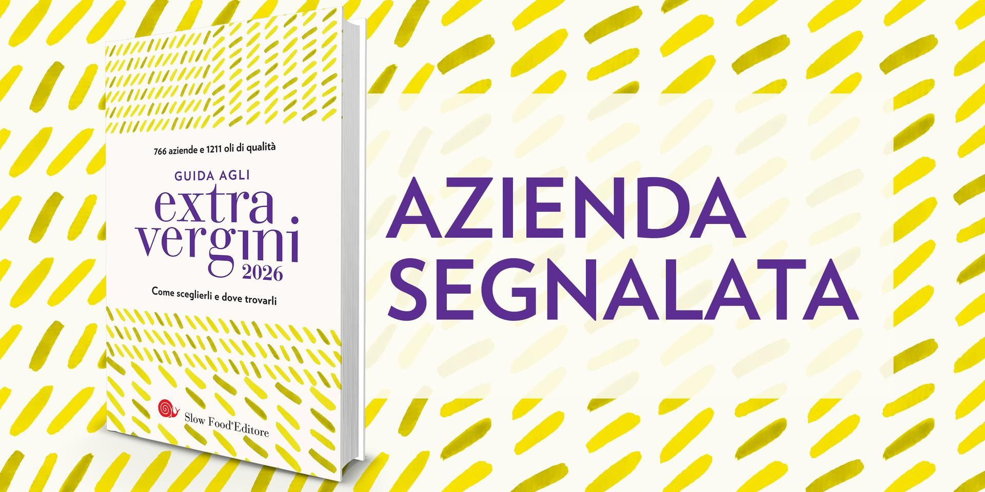 Striscione con confezione a strisce gialle e testo viola con la scritta “AZIENDA SEGNALATA”
