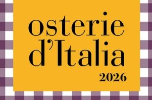 Copertina di Osterie d'Italia 2026 con testo nero su sfondo giallo e bordo viola.