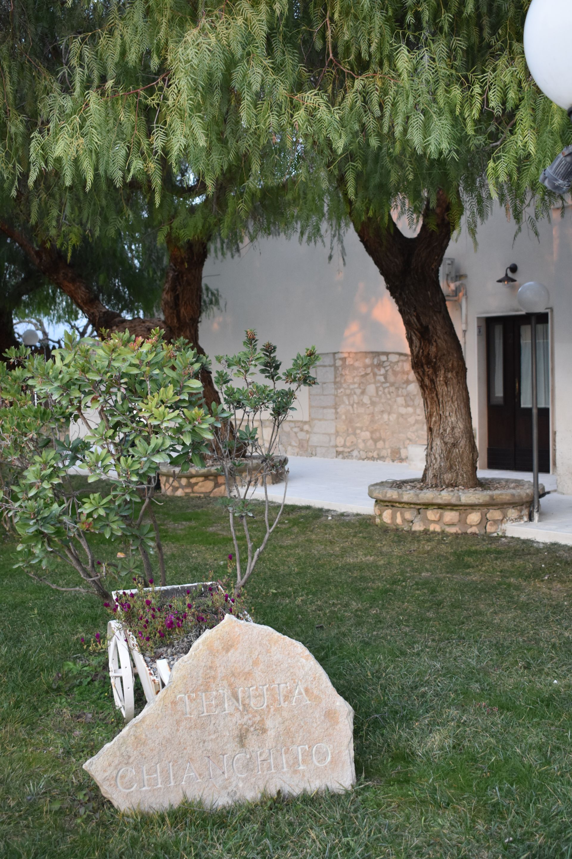 Piccolo giardino con un albero, arbusti e una grande roccia accanto a una casa bianca e un prato.