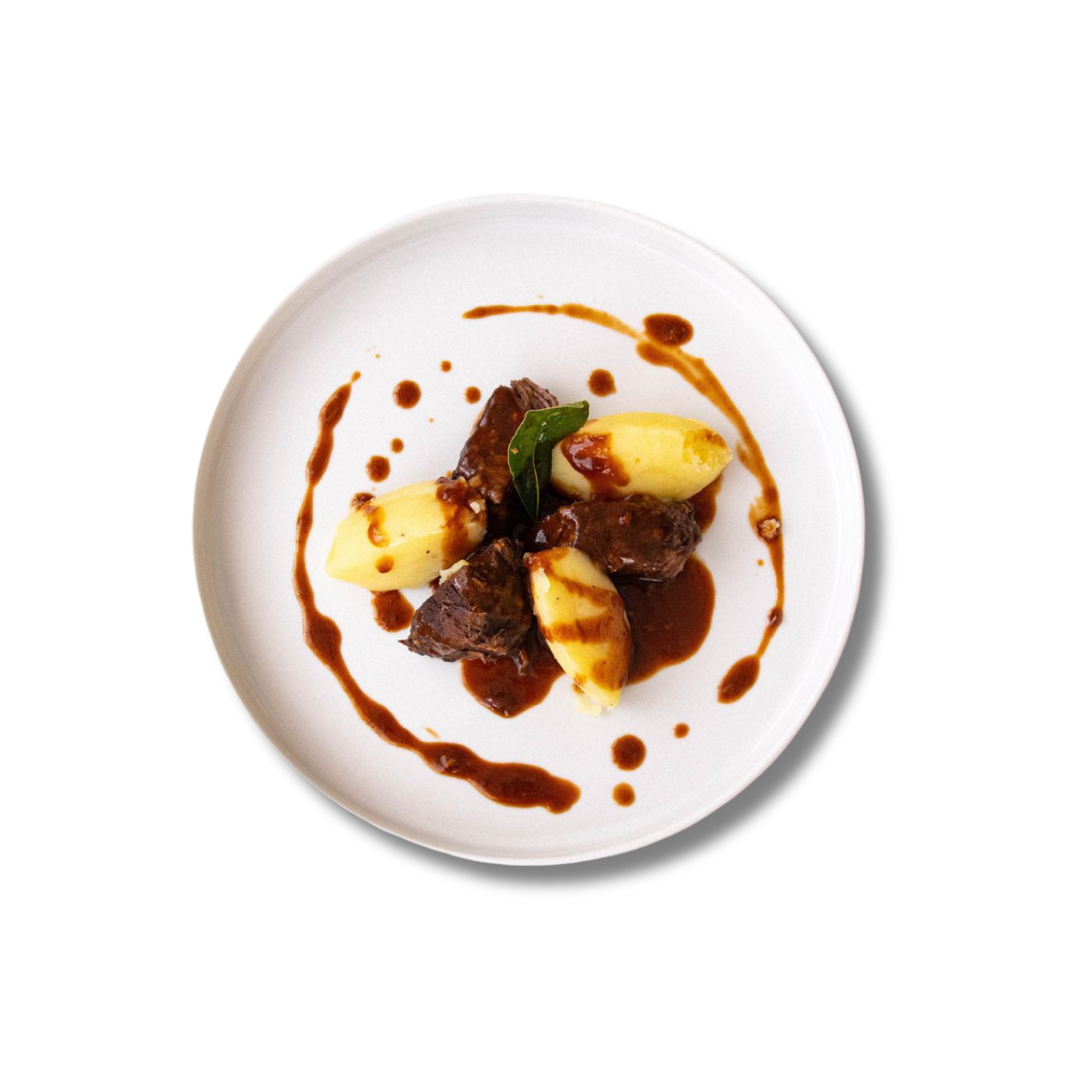 Dessert gourmet impiattato con frutta, cioccolato e vortici di salsa su un piatto bianco.