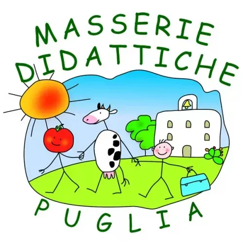 Logo di “Masserie Didattiche Puglia” con sole, campagna, animali e una masseria bianca.