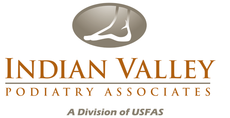 Logo for Indian Valley Podiatry Associates: Text, a foot graphic, and a USFAS division note.