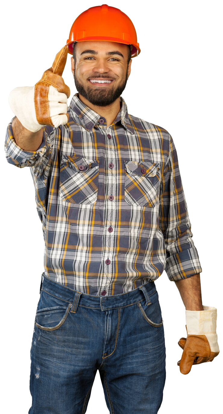 Un ouvrier du bâtiment, portant un casque, des gants et une chemise à carreaux, fait un signe d'approbation du pouce.