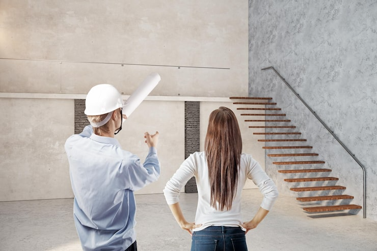 Un architecte portant un casque de chantier montre des plans à une femme dans un espace inachevé avec un escalier.