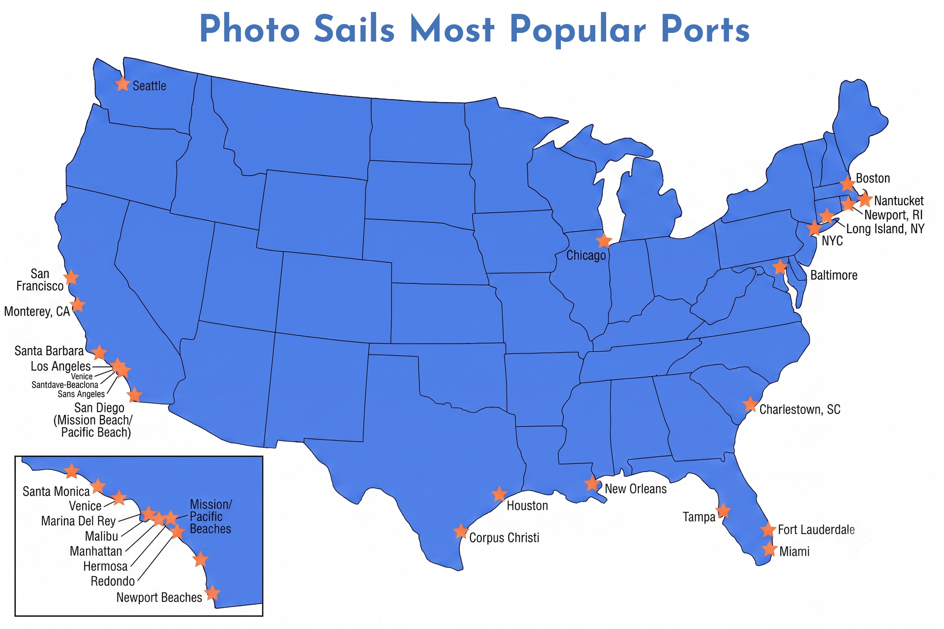 A simple, blue silhouette map of the contiguous United States showing state borders.