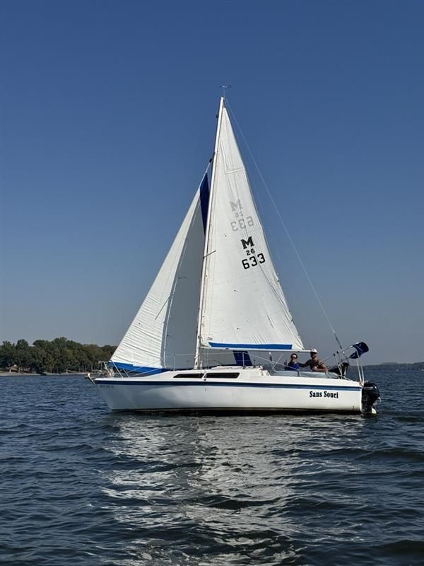 White sailboat on calm blue water under a clear sky