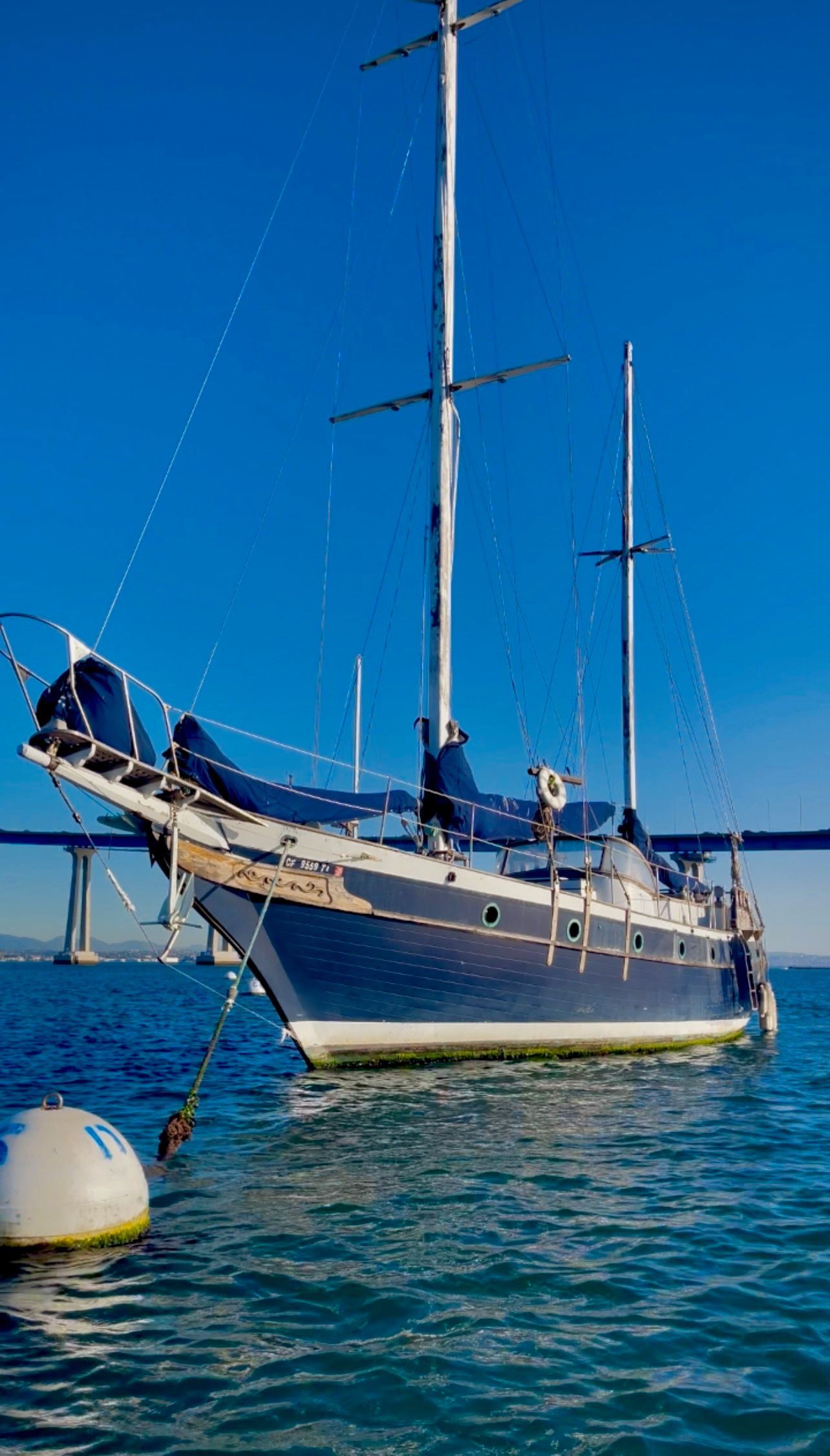 Blue sailboat anchored on calm water near a buoy and dock, with masts against a clear sky