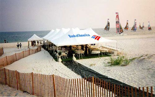 A large white tent with the word bank of america on it
