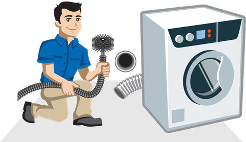 A cartoon of a man kneeling next to a washing machine