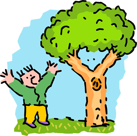 A cartoon of a boy standing next to a tree