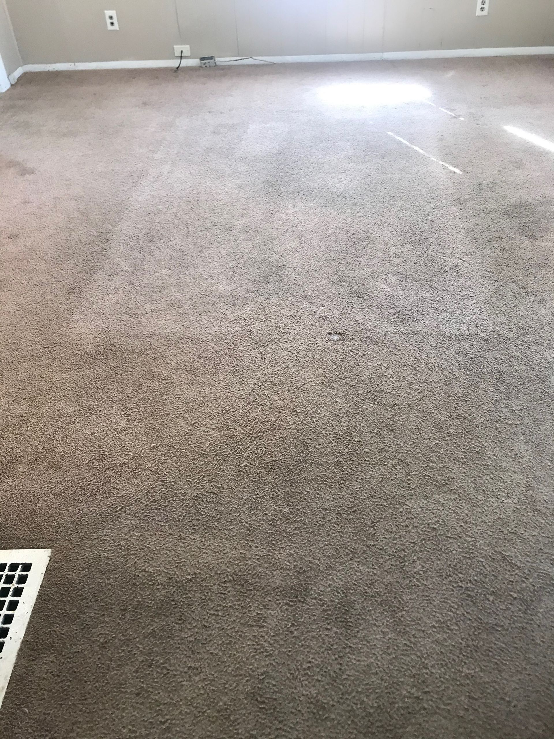 A room with a carpeted floor and a fan.