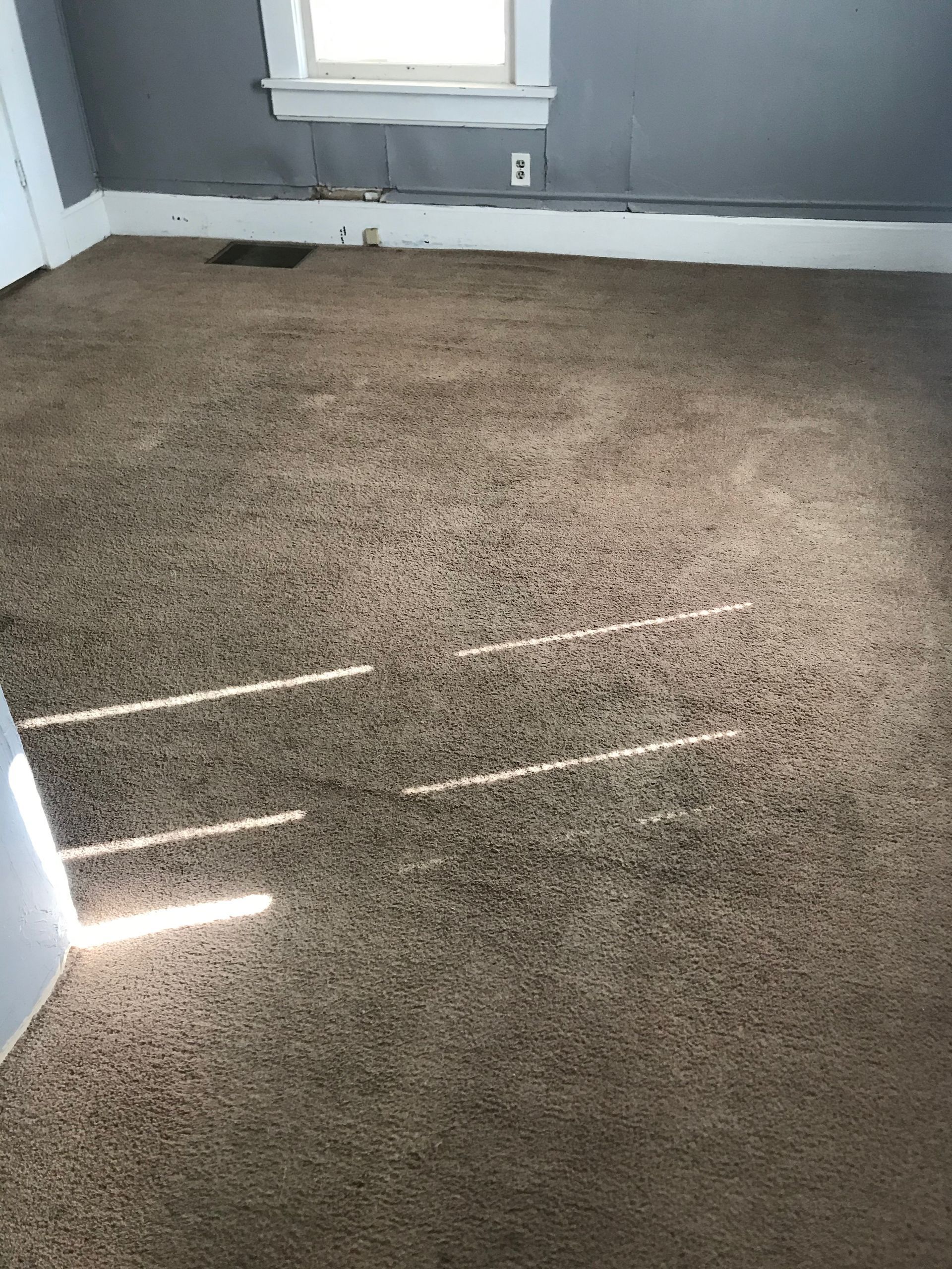 A room with a carpeted floor and a window.