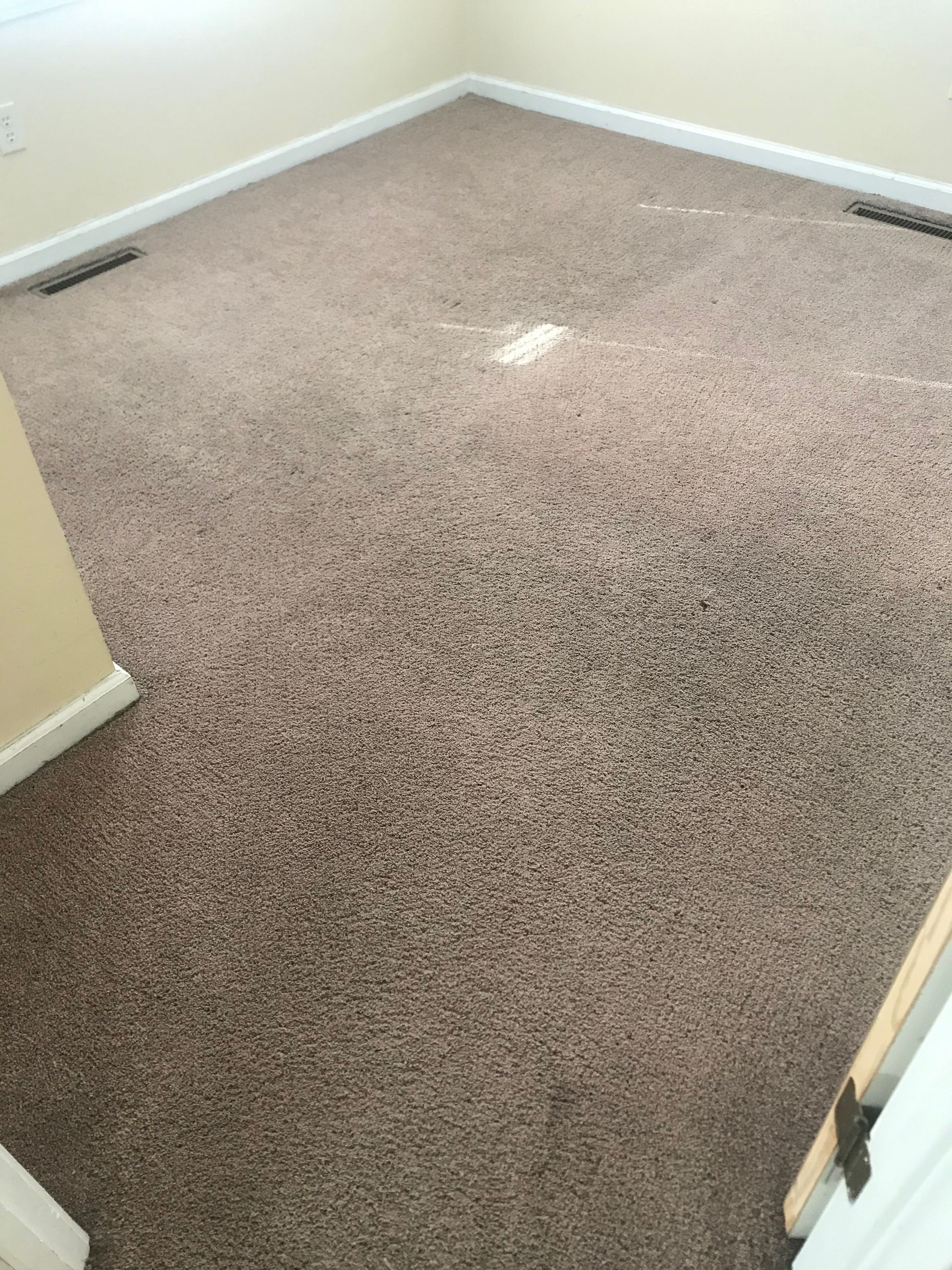 A room with a carpeted floor and a window.