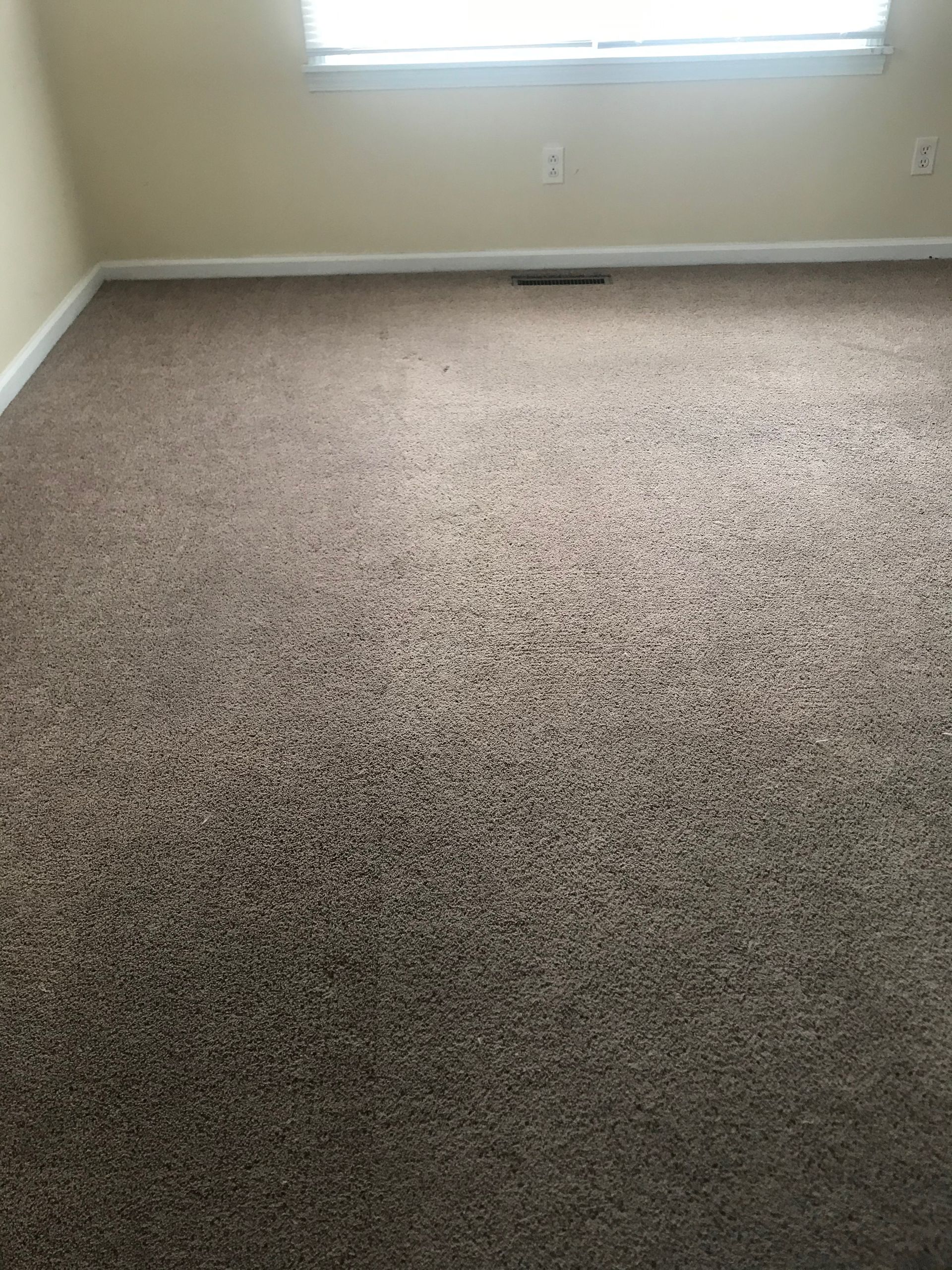 A bedroom with a large carpeted floor and a window.