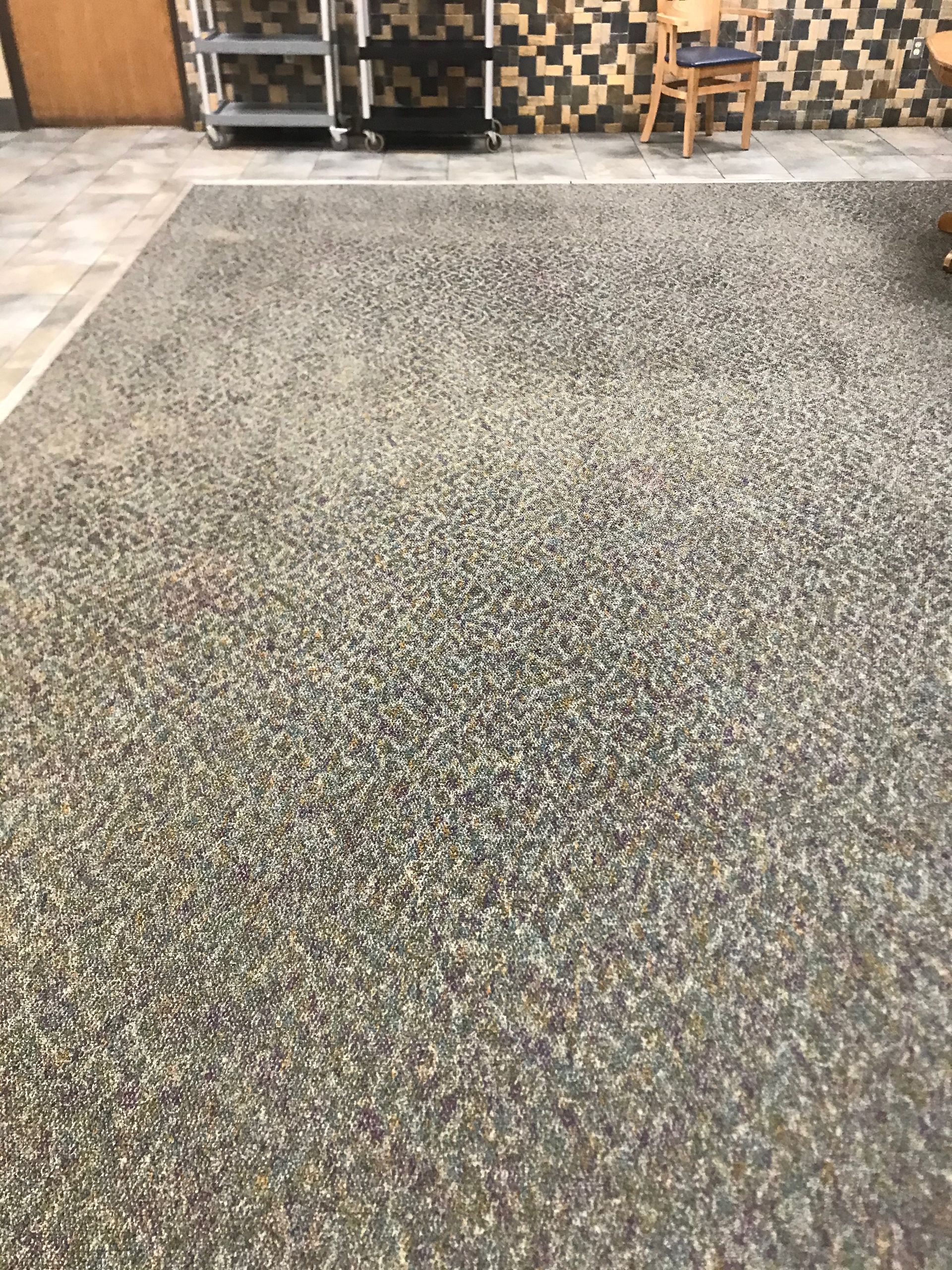 A large rug is sitting on a concrete floor in a room.