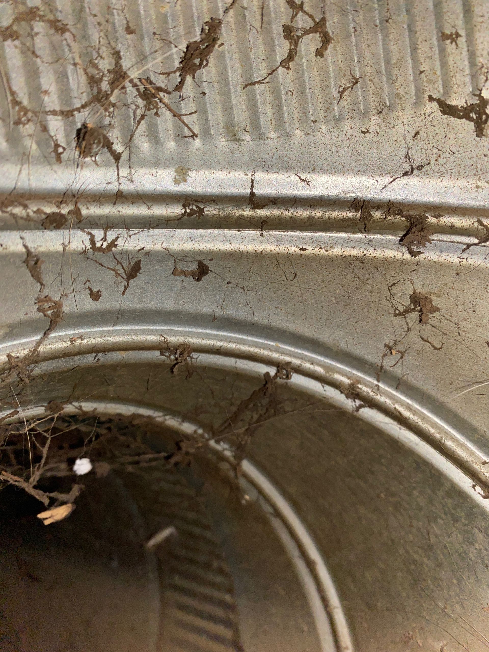 A close up of a dirty metal pipe with leaves on it