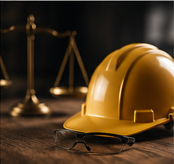 Casco giallo e occhiali di sicurezza accanto a una bilancia di ottone su una scrivania di legno, a simboleggiare la tutela legale.
