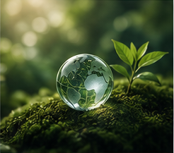 Globo di vetro e germoglio verde su muschio, a simboleggiare la sostenibilità ambientale.