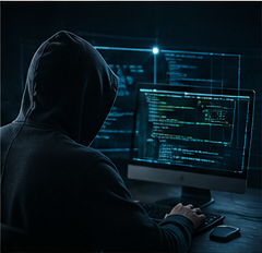 Una persona incappucciata è seduta a una scrivania e usa un computer, con del codice luminoso su schermi scuri in una stanza poco illuminata.