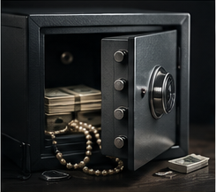 Aprire una cassaforte contenente pile di contanti, perline d'oro e un telefono su una superficie scura.