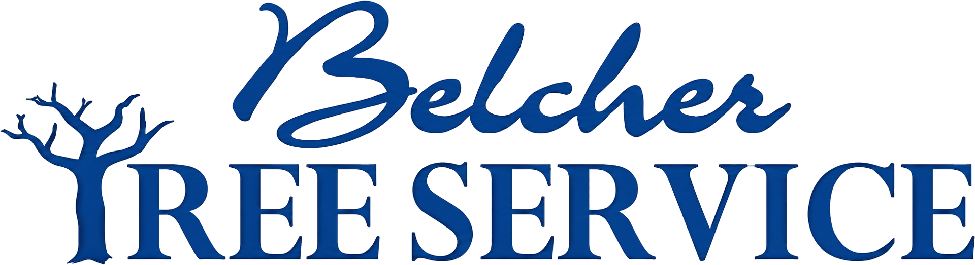 Belcher Tree Service logo with blue text and a bare tree silhouette above &ldquo;TREE SERVICE&rdquo;